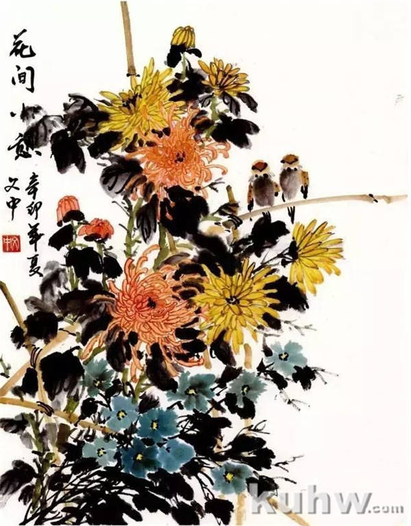 菊花写意画法步骤图文详解，菊花与叶的组合画法