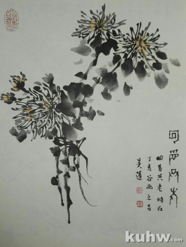 墨菊画花头第五步，层顶亚瓣花四种画法