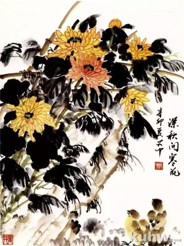 菊花写意画法步骤图文详解，菊花与叶的组合画法