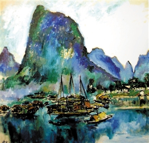 刘海粟1976年作品，油画《漓江》。刘海粟主张中国人的油画，应该是注入中华民族精神、民族气质的油画。他用中国人的美学、中国画的笔墨观念来理解油画，甚至曾经对丁涛说：“我的油画也可以叫中国画。”他把中国笔墨运用在油画创作中，把中国画的传统用笔应用到油画中。