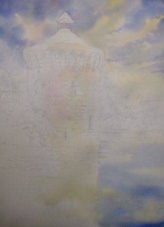水彩画在英格兰的Scotney塔由罗兰・李