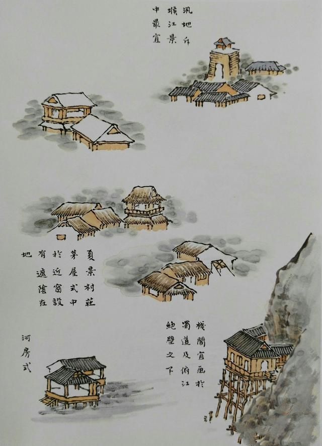 20张对比图，讲解山水画中28种画墙屋技法