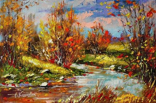 秋天的颜​​色在山水画由白俄罗斯艺术家亚历山大・Khodyukov