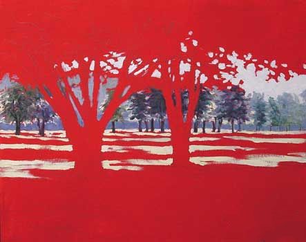 景观在红色的地面,红色背景,油画演示,演示,红色背景的景观