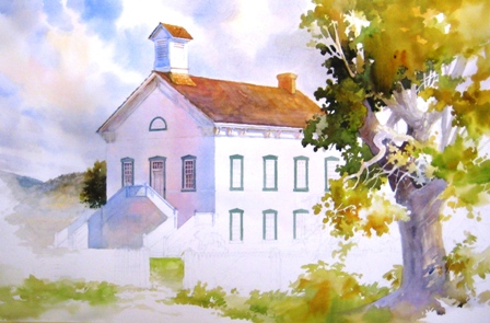 一步一步的绘画示范的松树山谷教堂由罗兰・李