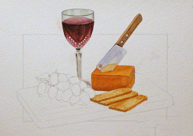 静物水彩画教程:红酒,葡萄,刀,面包,菜板水彩绘画步骤