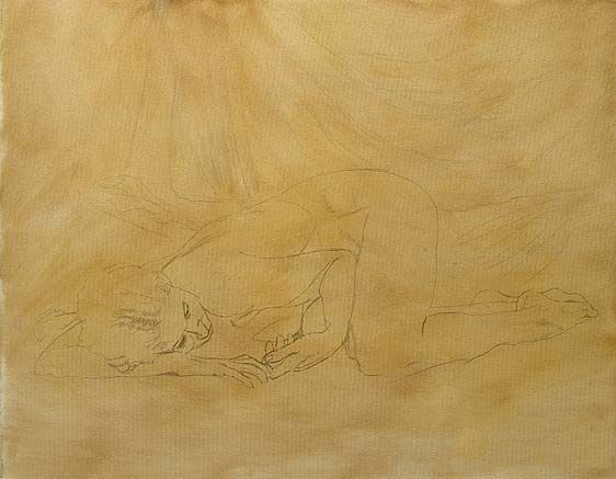 female nude painting, underdrawing for oil painting