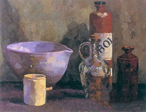 油画：《陶器与玻璃瓶》，画家：詹姆斯・霍顿