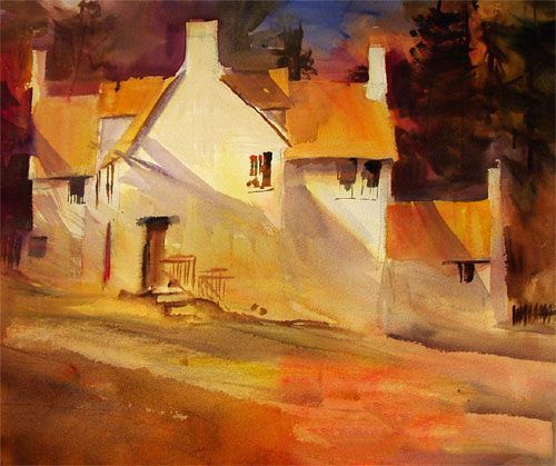 watercolour painting, orange wood cottage