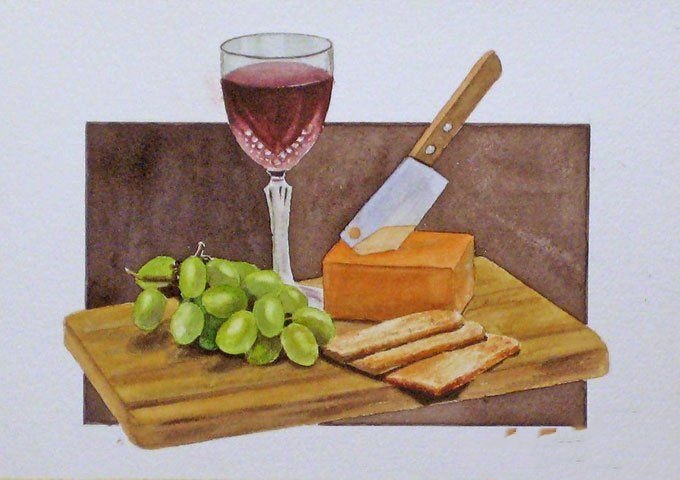 静物水彩画教程:红酒,葡萄,刀,面包,菜板水彩绘画步骤
