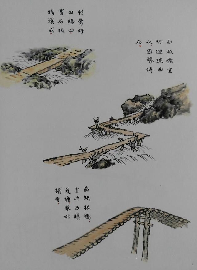 20张对比图，讲解山水画中31种画城门桥梁等技法