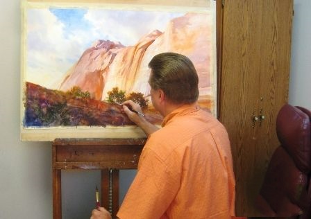 罗兰・李致力于水彩画的Kolob悬崖在锡安国家公园
