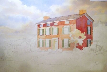 门登霍尔桑德斯的埃利斯在伊利诺斯州的房子瑙沃。原始水彩画在进步了罗兰•李