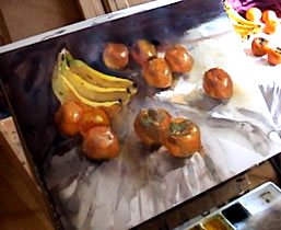 如何描绘了一幅水彩静物画,画的橘子和柿子设置完成,证明了勇陈