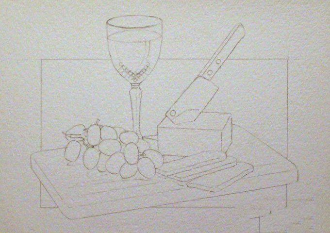 静物水彩画教程:红酒,葡萄,刀,面包,菜板水彩绘画步骤01