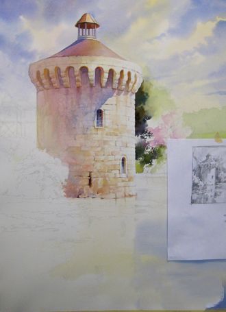 水彩画在英格兰的Scotney塔由罗兰・李
