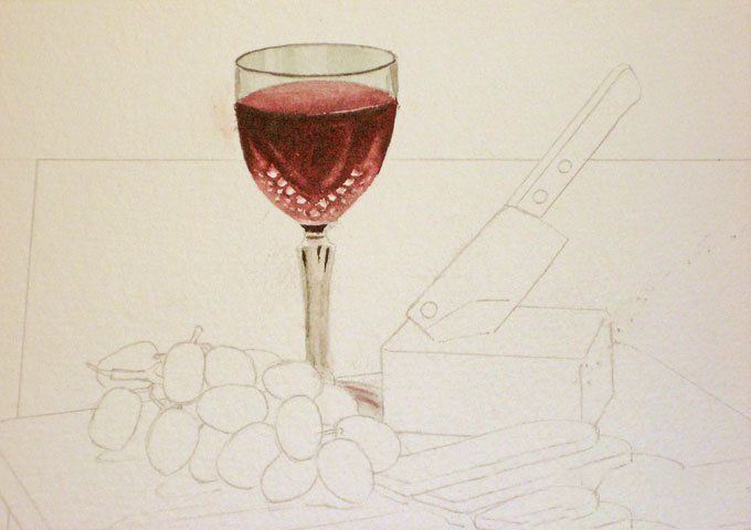 静物水彩画教程:红酒,葡萄,刀,面包,菜板水彩绘画步骤03