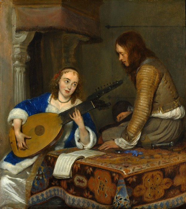 Gerard ter Borch –扮演Theorbo-Lute的女人和骑士 高清下载