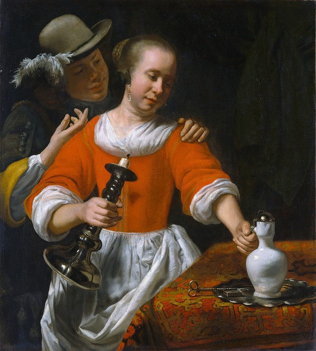 Cornelis Bisschop –年轻女子和骑士 油画高清