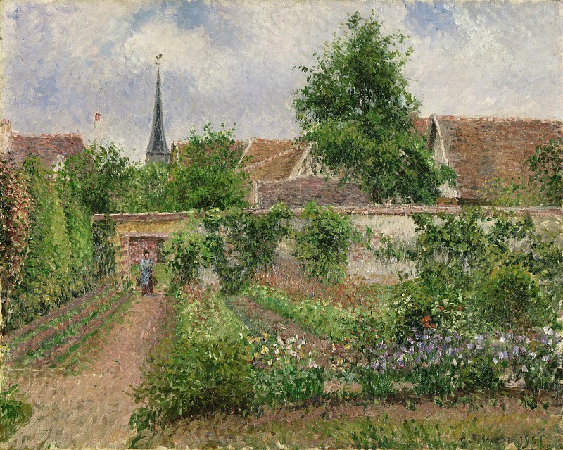 米尔·毕沙罗 （ Camille Pissarro）–菜园，乌云密布的早晨油画