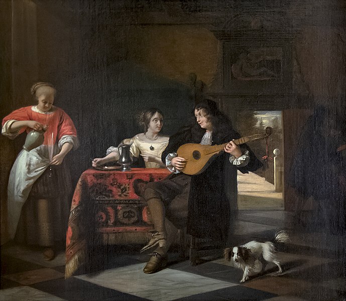 彼得·德·霍赫（Pieter de Hooch）-与曼陀林和狗一起的快乐油画