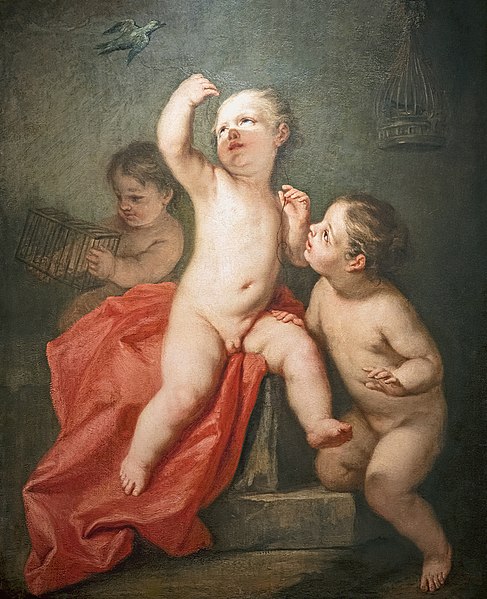 雅各布·阿米格尼（Jacopo Amigoni）-孩子在玩一只小鸟弗.油画