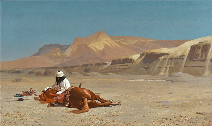 让·莱昂·杰罗姆(Jean-Léon Gérôme，法国) 油画-骑手和他的骏马在沙漠​​中