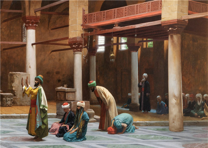 让·莱昂·杰罗姆(Jean-Léon Gérôme，法国) 油画-在清真寺祈祷