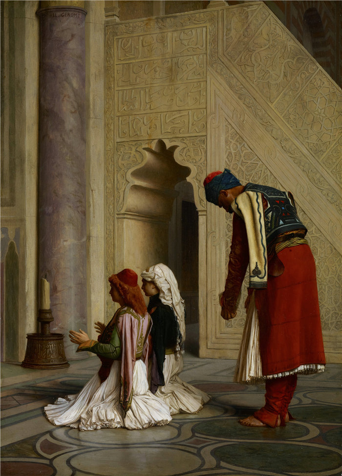 让·莱昂·杰罗姆(Jean-Léon Gérôme，法国) 油画-清真寺里的年轻希腊人 (1865)
