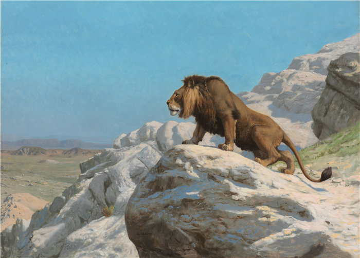 让·莱昂·杰罗姆(Jean-Léon Gérôme，法国) 油画-守望的狮子（约 1885 年）
