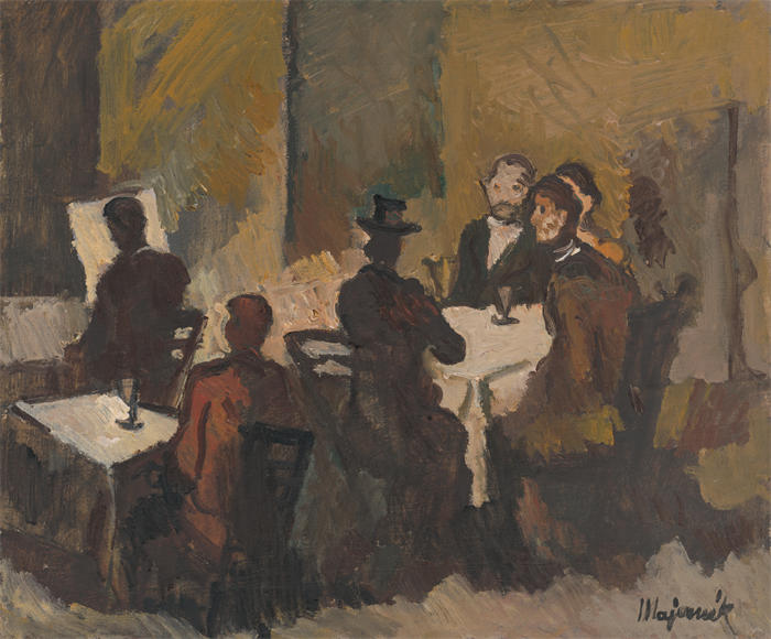 赛普里安·马耶尼克（Cyprián Majerník,斯洛伐克画家）高清作品-《咖啡店里的公司（1941-1942）》