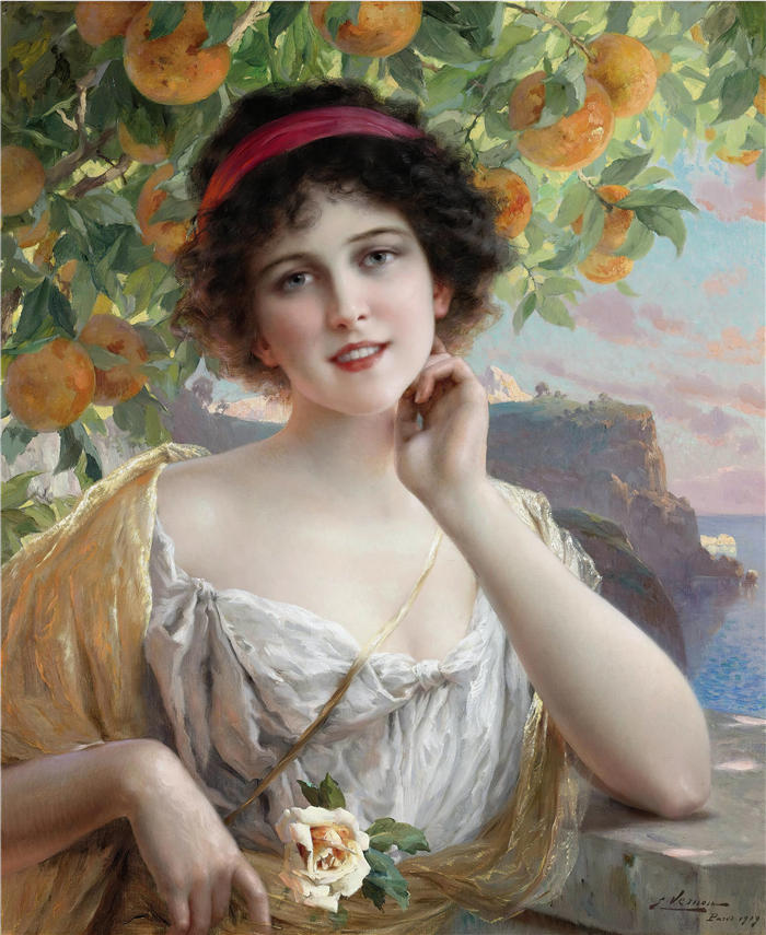 埃米尔·弗农 (Emile Vernon，法国画家)高清作品-《橘子树下的美女（1919）》