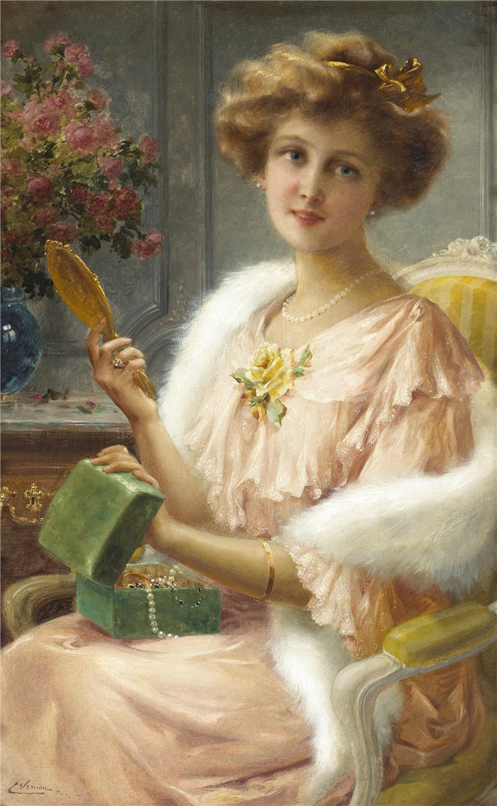 埃米尔·弗农 (Emile Vernon，法国画家)高清作品-《带镜子的年轻女士》