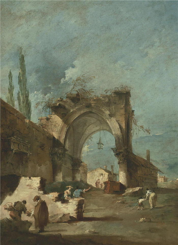 弗朗切斯科·瓜迪（Francesco Guardi，意大利画家)高清作品-《一座破拱门旁的建筑随想曲》