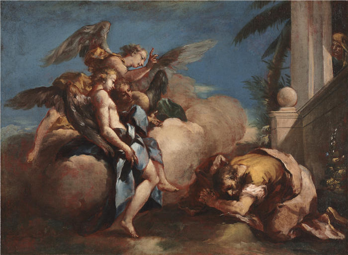 弗朗切斯科·瓜迪（Francesco Guardi，意大利画家)高清作品-《向亚伯拉罕显现的天使（1750 年代）》