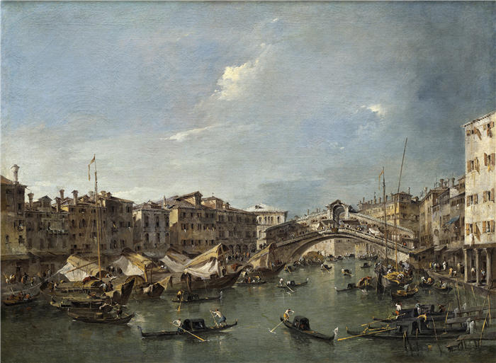 弗朗切斯科·瓜迪（Francesco Guardi，意大利画家)高清作品-《威尼斯大运河与里亚托桥（可能约 1780 年）》
