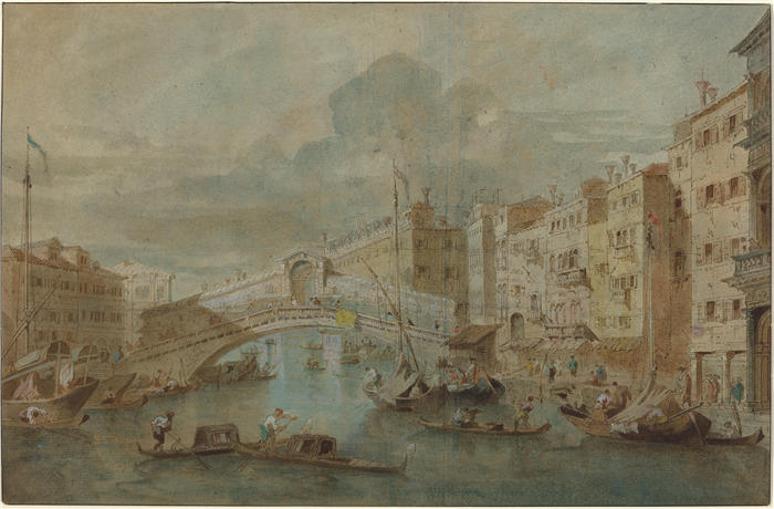 弗朗切斯科·瓜迪（Francesco Guardi，意大利画家)高清作品-《威尼斯里亚托桥的景色》