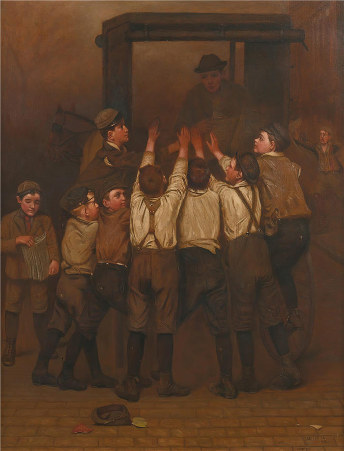 约翰·乔治·布朗（John George Brown，美国画家）高清作品-《晚报热潮 (1912)》