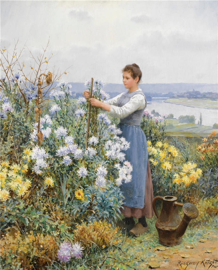 丹尼尔·里齐微·齐施（Daniel Ridgway Knight，美国画家）高清作品-《菊花》