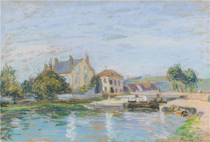 阿尔弗雷德·西斯利（Alfred Sisley，法国画家）高清作品-《草皮船闸边上的房屋》