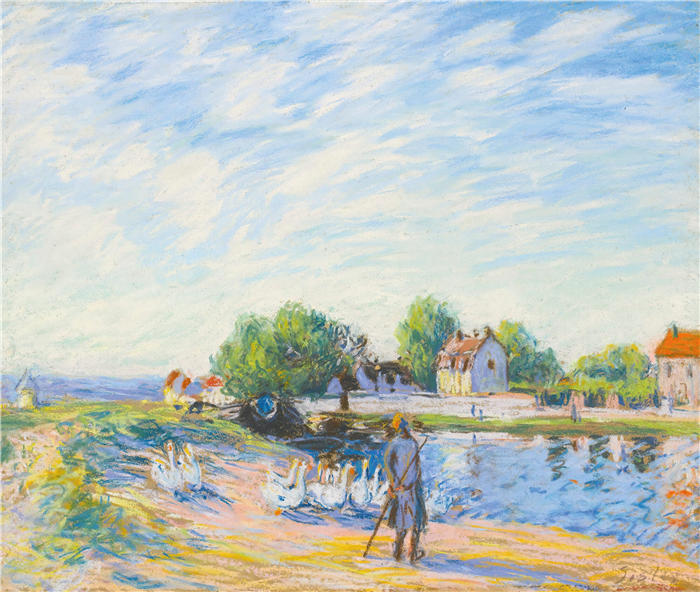阿尔弗雷德·西斯利（Alfred Sisley，法国画家）高清作品-《Les Oies À Saint-Mammès（约 1885 年）》