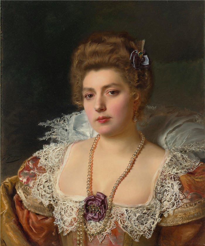 古斯塔夫·让·雅凯（Gustave Jean Jacquet，法国画家）高清作品-《一个戴珍珠的女人的肖像》