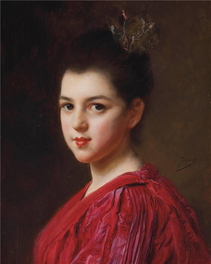 古斯塔夫·让·雅凯（Gustave Jean Jacquet，法国画家）高清作品-《穿红裙子的女人》