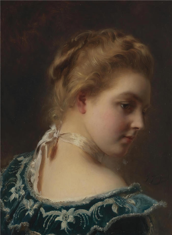 古斯塔夫·让·雅凯（Gustave Jean Jacquet，法国画家）高清作品-《穿着绿色连衣裙的年轻美女》