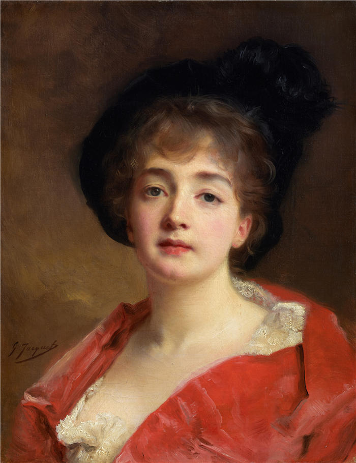 古斯塔夫·让·雅凯（Gustave Jean Jacquet，法国画家）高清作品-《红衣女人（约 1870-90 年）》