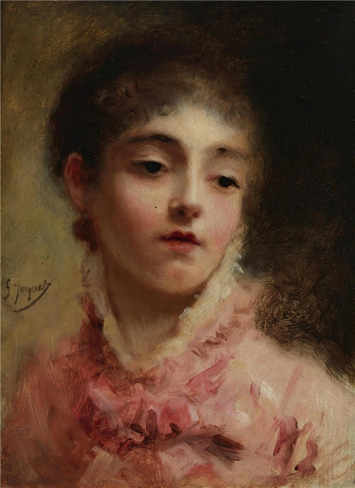 古斯塔夫·让·雅凯（Gustave Jean Jacquet，法国画家）高清作品-《穿着粉红色连衣裙的年轻女子》