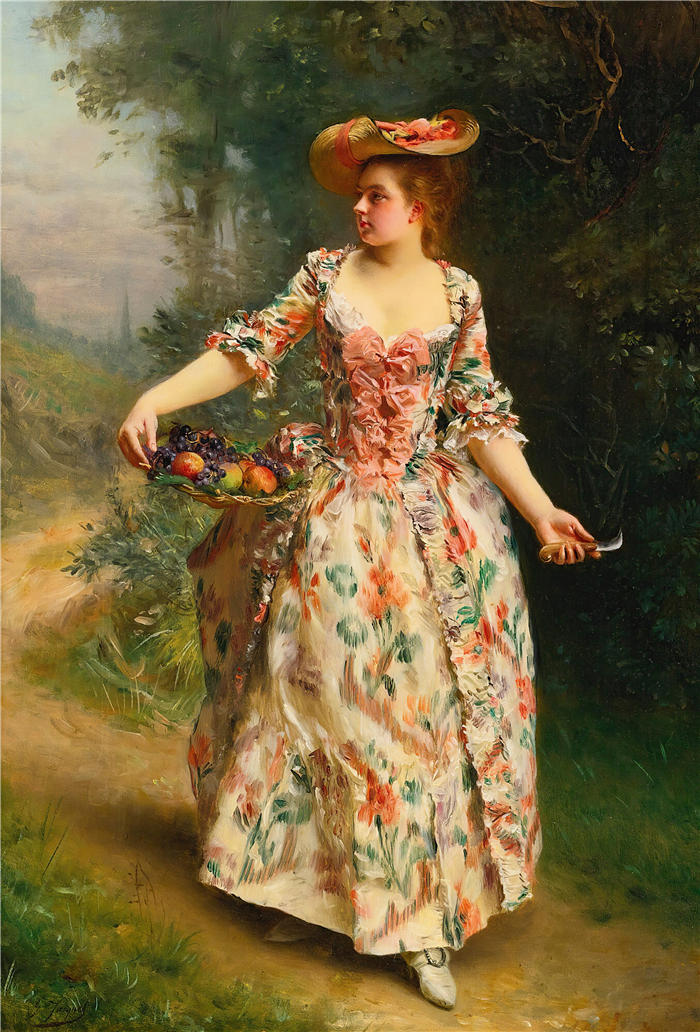 古斯塔夫·让·雅凯（Gustave Jean Jacquet，法国画家）高清作品-《在公园散步》