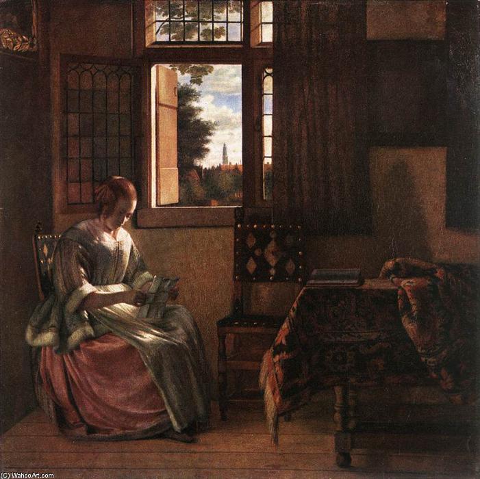 前1000幅世界名画-《读信的女人》 Pieter De Hooch - 布面油画 - 55 x 55 cm