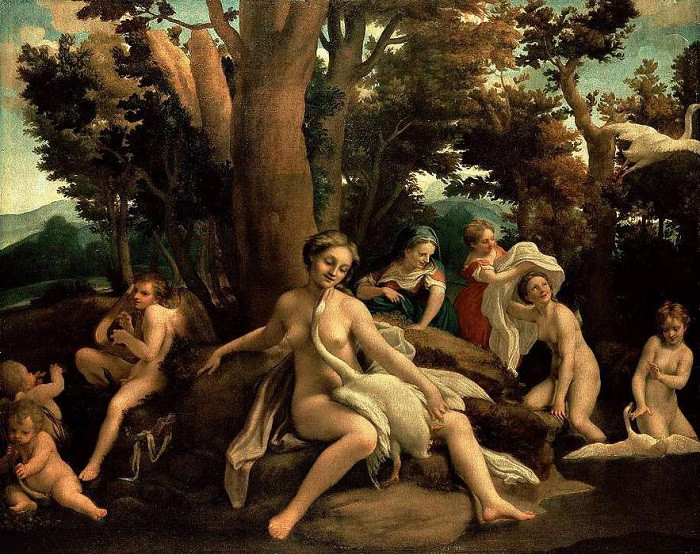 前1000幅世界名画-《与天鹅的丽达》 Antonio Allegri Da Correggio - 布面油画 - 152 x 191 cm