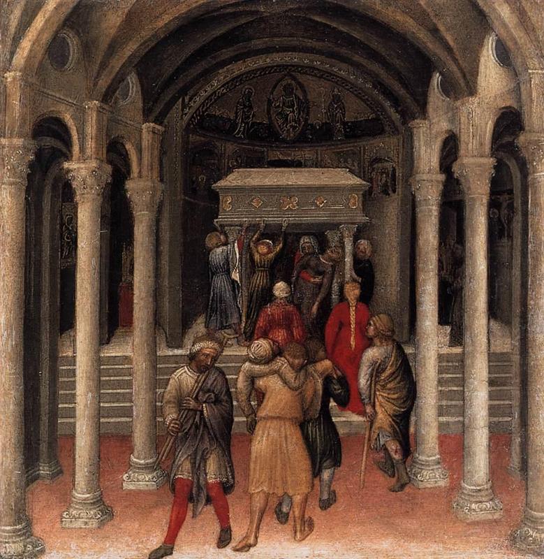 詹蒂莱·达·法布里亚诺(Gentile da Fabriano，意大利)作品-Quaratesi祭坛画，巴里圣尼古拉斯墓的朝圣者